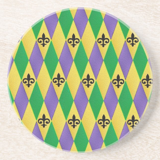 Mardi Gras Harlequin Fleur De Lis Coaster (Front)