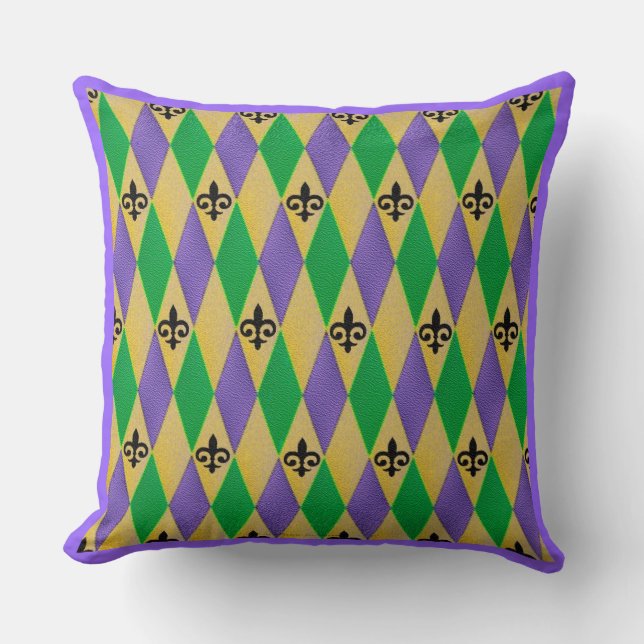 Mardi Gras Harlequin Fleur De Lis Cushion (Front)