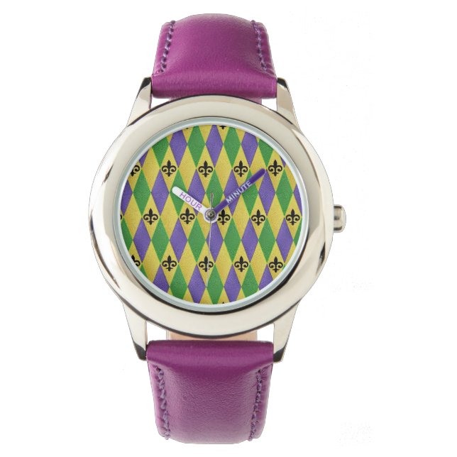 Mardi Gras Harlequin Fleur De Lis Designer Watch (Front)