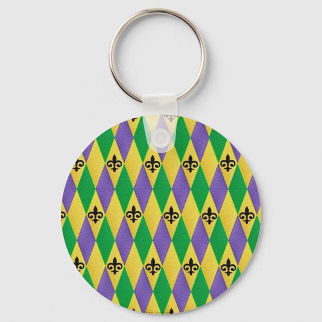 Mardi Gras Harlequin Fleur De Lis Key Ring (Front)