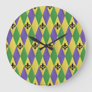 Mardi Gras Harlequin Fleur De Lis Large Clock