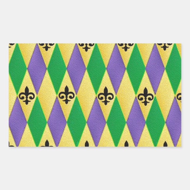 Mardi Gras Harlequin Fleur De Lis Rectangular Sticker (Front)