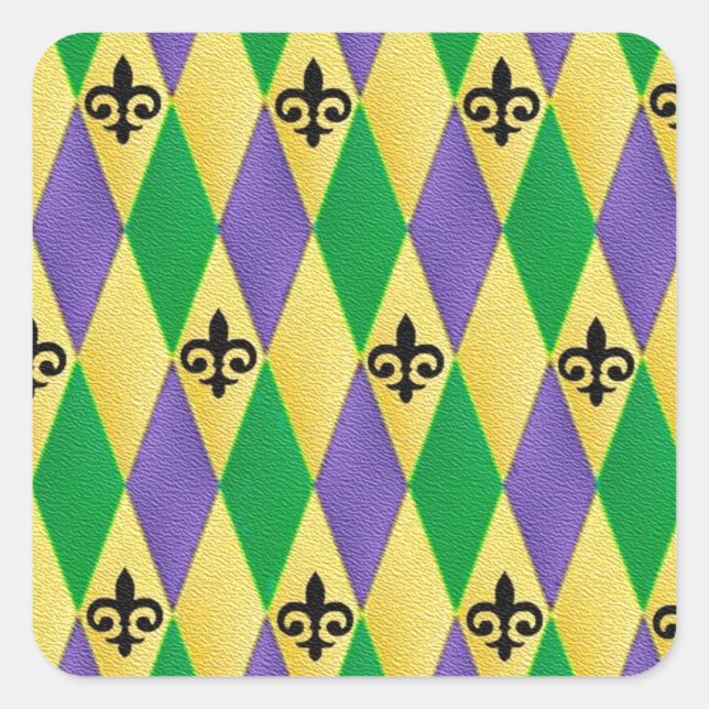 Mardi Gras Harlequin Fleur De Lis Square Sticker (Front)
