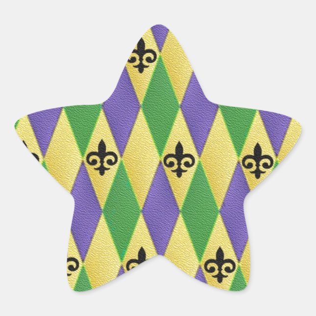 Mardi Gras Harlequin Fleur De Lis Star Sticker (Front)