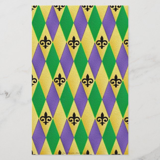 Mardi Gras Harlequin Fleur De Lis Stationery (Front)