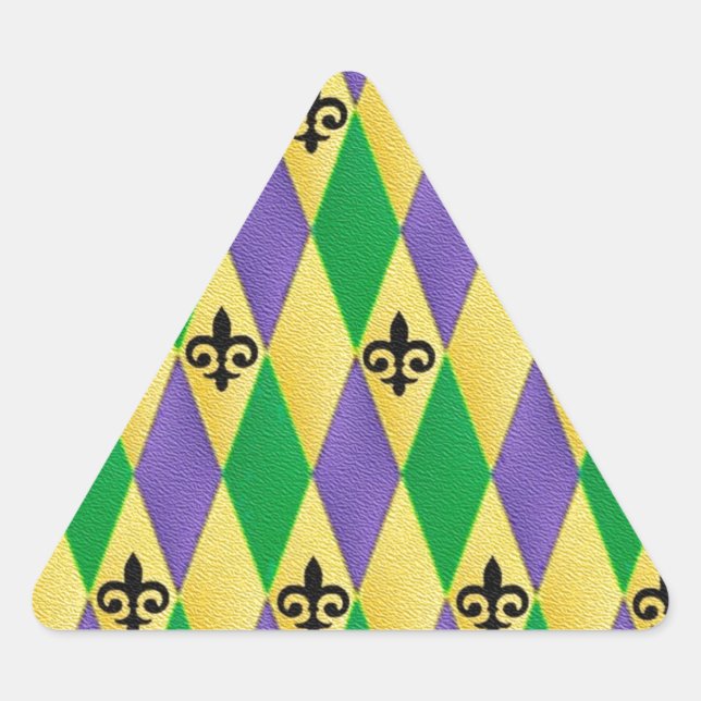 Mardi Gras Harlequin Fleur De Lis Triangle Sticker (Front)