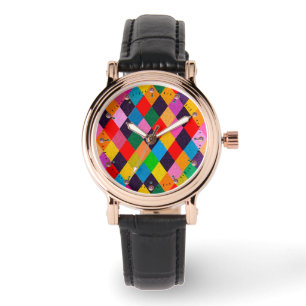 MARDI GRAS HARLEQUIN PATTERN Colourful Rhombi  Watch