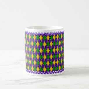 Mardi Gras Harlequin Pattern Mug w/Purple Beads