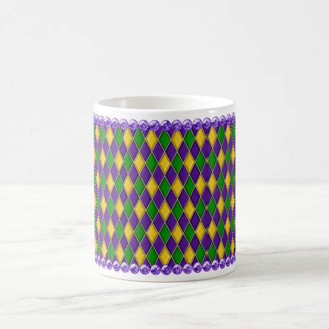 Mardi Gras Harlequin Pattern Mug w/Purple Beads (Center)