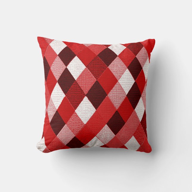 MARDI GRAS HARLEQUIN PATTERN Red Pink White Rhombi Cushion (Front)