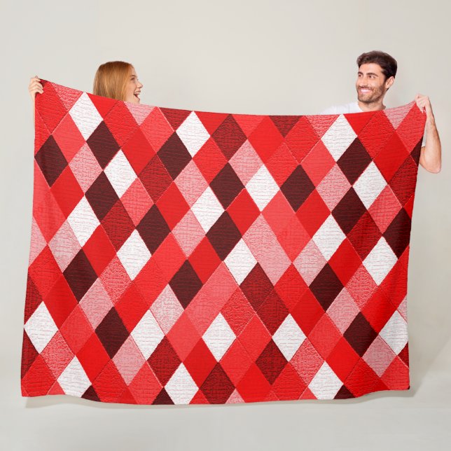 MARDI GRAS HARLEQUIN PATTERN Red Pink White Rhombi Fleece Blanket (In Situ)