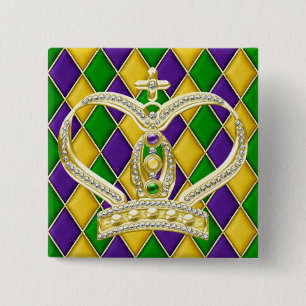 Mardi Gras Harlequin Square Button with Crown