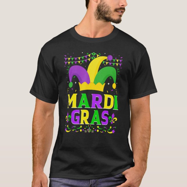Mardi Gras Hat  Mardi Gras Beads Bling Costume 1 T-Shirt (Front)