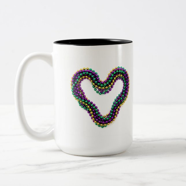 Mardi Gras Heart Beads Purple Gold Green Festive  Two-Tone Coffee Mug (Left)