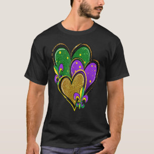 Mardi Gras Heart Glitter Print Fleur De Lis Symbol T-Shirt