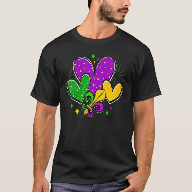 Mardi Gras Hearts Love Mardi Gras Fleur De Lys Fes T-Shirt (Front)
