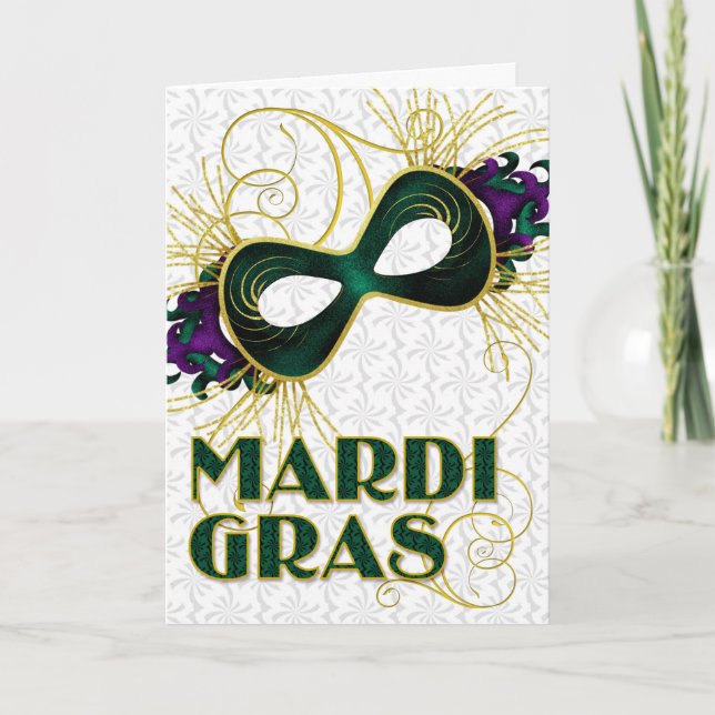 Mardi Gras in Violet - Gold - Green Mask Card (Front)