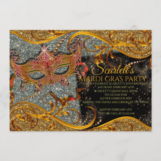 Mardi Gras Invitation, Masquerade Invitation, Gold Invitation (Front)