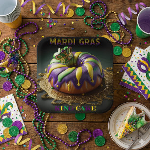 Mardi Gras King Cake With Crown Paper Plate