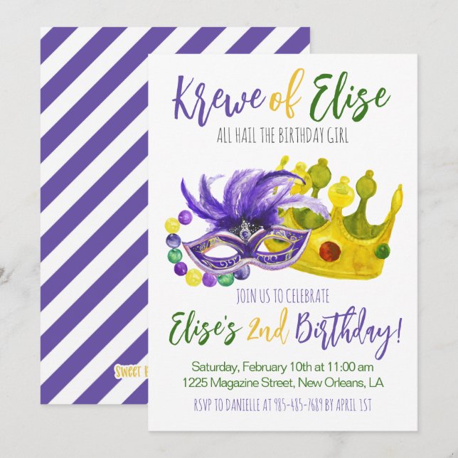 Mardi Gras Krewe Birthday Invitation (Front/Back)