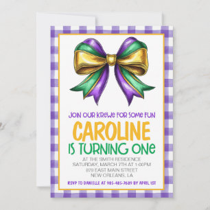 Mardi Gras Krewe Coquette Bow First Birthday Invitation