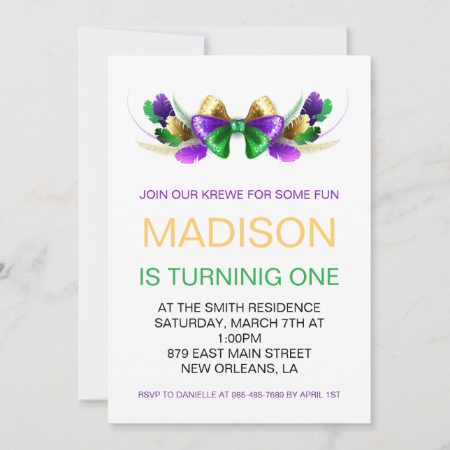 Mardi Gras Krewe Coquette Bow First Birthday Invitation (Front)