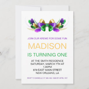 Mardi Gras Krewe Coquette Bow First Birthday Invitation