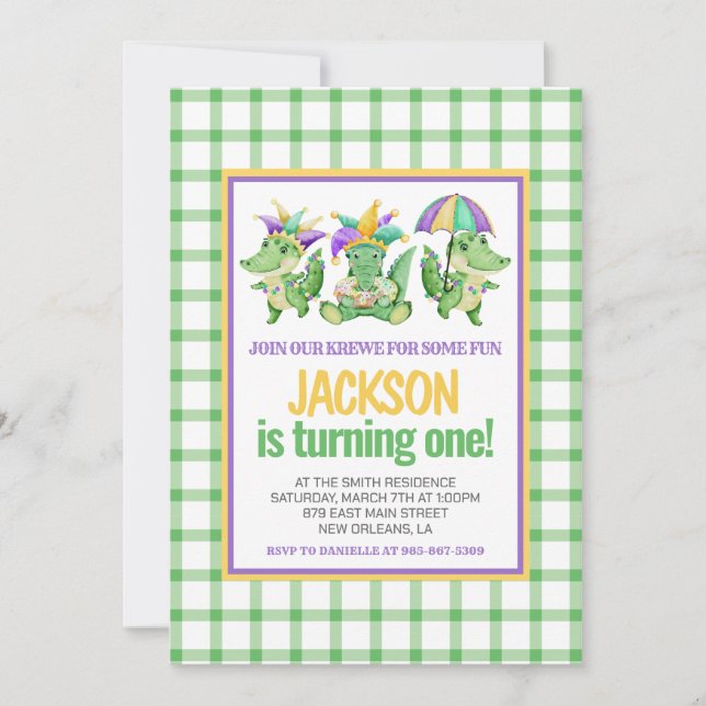 Mardi Gras Krewe Cute Gator First Birthday Invitation (Front)