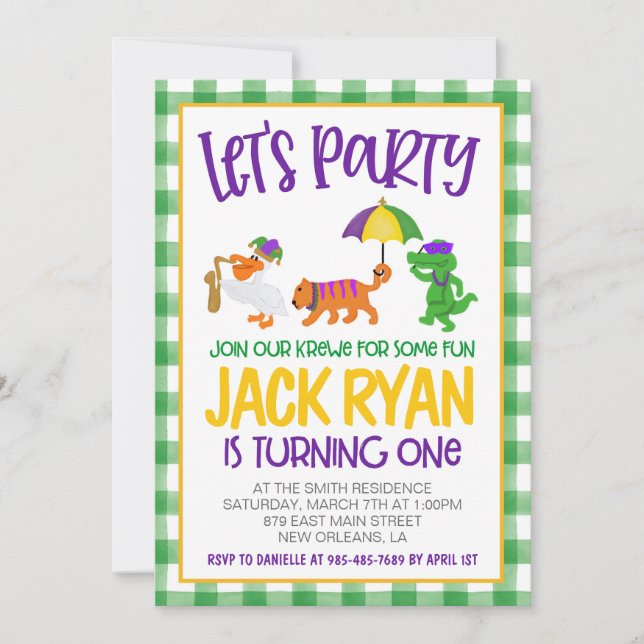 Mardi Gras Krewe First Birthday Invitation (Front)