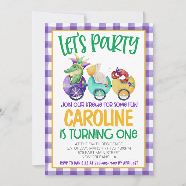 Mardi Gras Krewe First Birthday Invitation (Front)