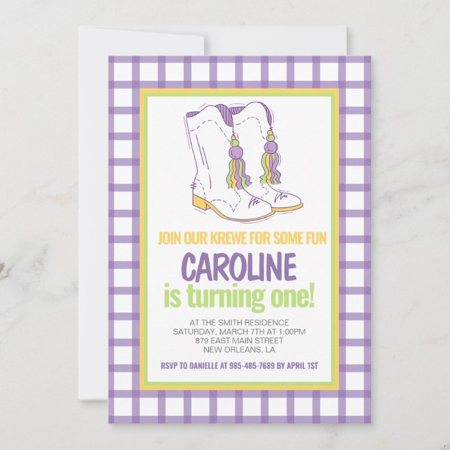 Mardi Gras Krewe Marching Boots First Birthday Invitation (Front)