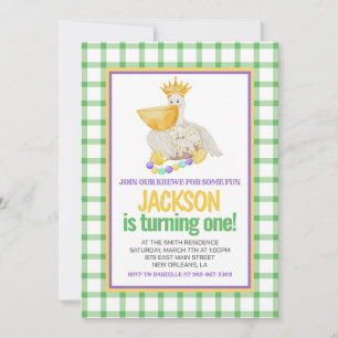 Mardi Gras Krewe PELICAN King Cake First Birthday Invitation