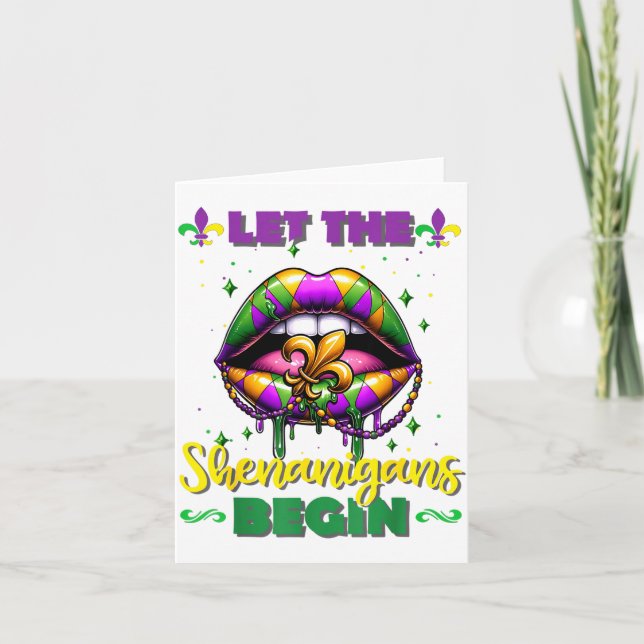Mardi Gras Let The Shenanigans Begin Lips Kids Men Card (Front)