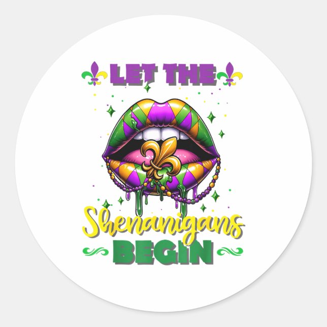 Mardi Gras Let The Shenanigans Begin Lips Kids Men Classic Round Sticker (Front)