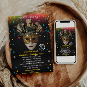 Mardi Gras Mask  21st Birthday Party Invitation