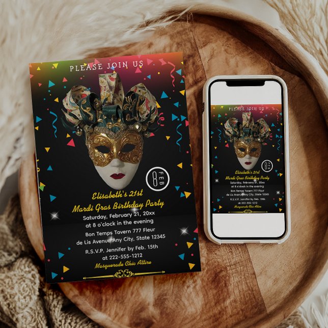 Mardi Gras Mask  21st Birthday Party Invitation (Creator Uploaded)