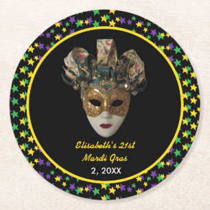 Mardi Gras Mask 21st Birthday Party Round Paper Coaster