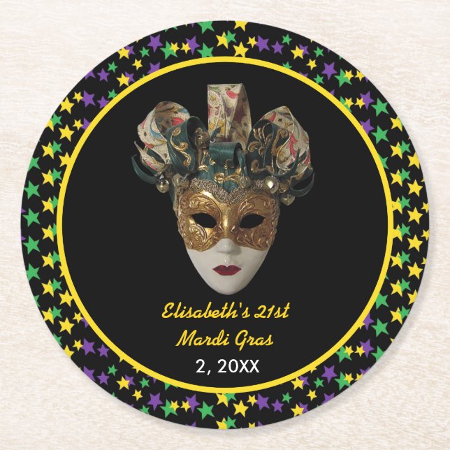 Mardi Gras Mask  21st Birthday Party Round Paper Coaster (Front)