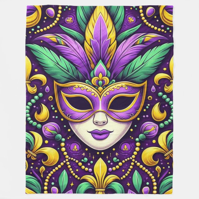 Mardi Gras mask/beads/fleur de lis Fleece Blanket (Front)