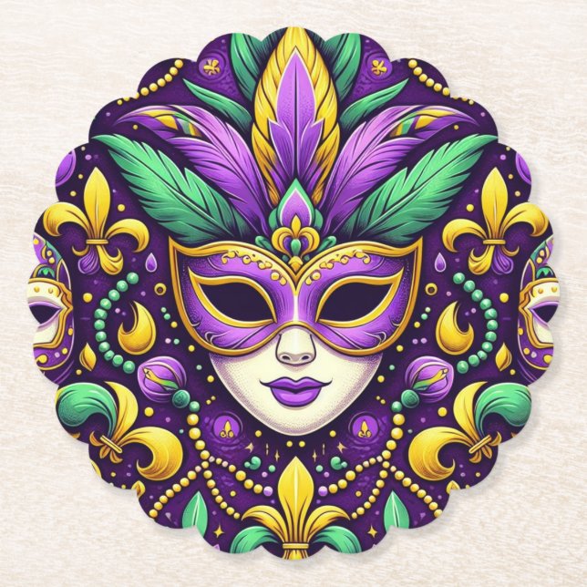 Mardi Gras mask/beads/fleur de lis Paper Coaster (Front)