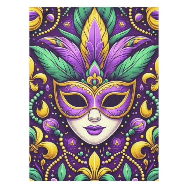Mardi Gras mask/beads/fleur de lis Tablecloth (Front)