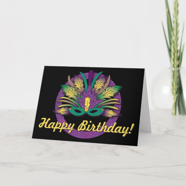 Mardi Gras Mask Birthday - English Card (Front)