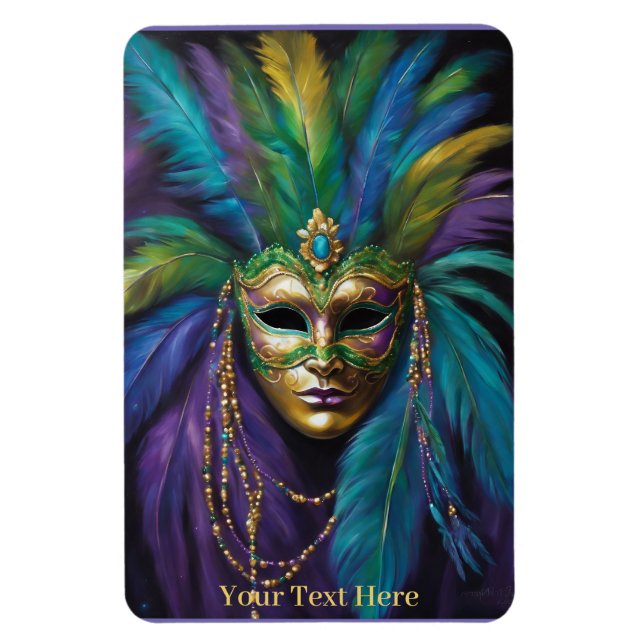 Mardi Gras Mask Feather Beads Carnival Custom Text Magnet (Vertical)