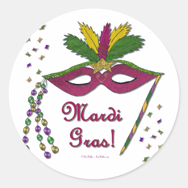 Mardi Gras Mask Feather Beads Classic Round Sticker (Front)