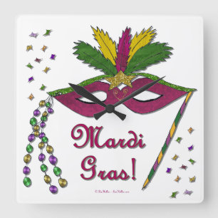 Mardi Gras Mask Feather Beads Square Wall Clock