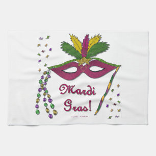 Mardi Gras Mask Feather Beads Tea Towel