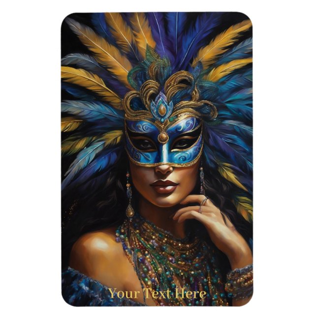 Mardi Gras Mask Feathers Beads Custom Text Lady Magnet (Vertical)
