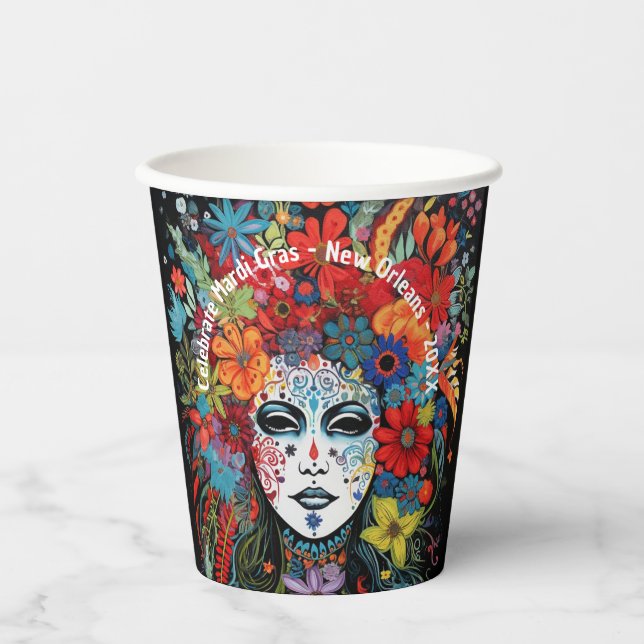 Mardi Gras Mask & Headdress Custom Text Party Paper Cups (Front)