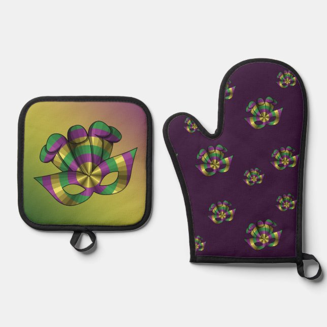 Mardi Gras Mask Oven Mitt & Pot Holder Set (Front)