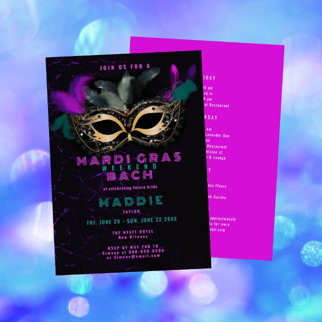 Mardi Gras Mask Pink Nola Bachelorette Weekend Invitation (Creator Uploaded)